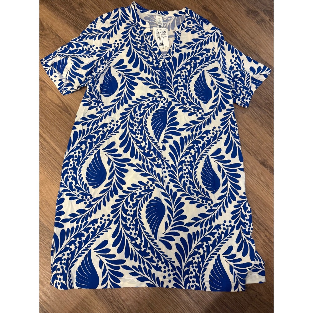 HM Womens Blue White Botanical Leaf Print V-Neck Shift Tunic Dress Medium NWT